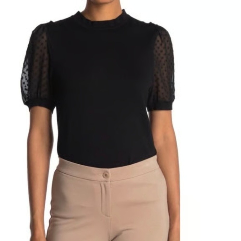 Adrianna Papell Black Sheer Sleeve Top Ruffle Mock Neck Blouse Black Top Size S